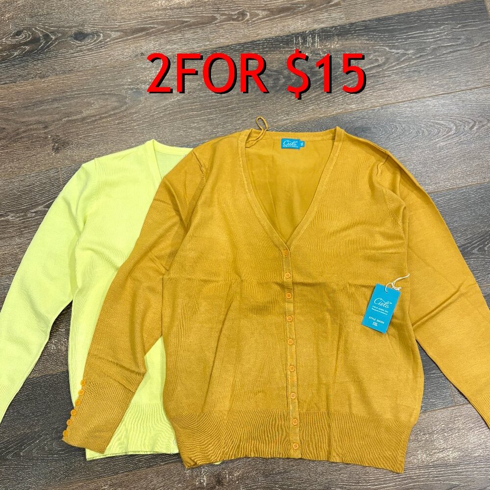 2-Pack Bundle Cielo V-Neck Cardigan Sweater Set Mustard Yellow & Lime Green Butt